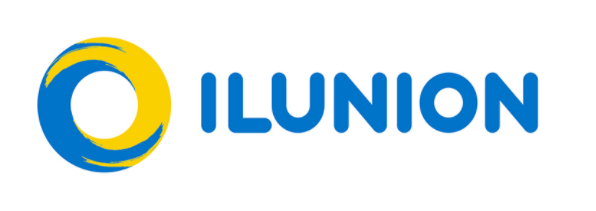 Logo Ilunion, circulo en azul y amarillo mezclado y la palabra ilunion en azul